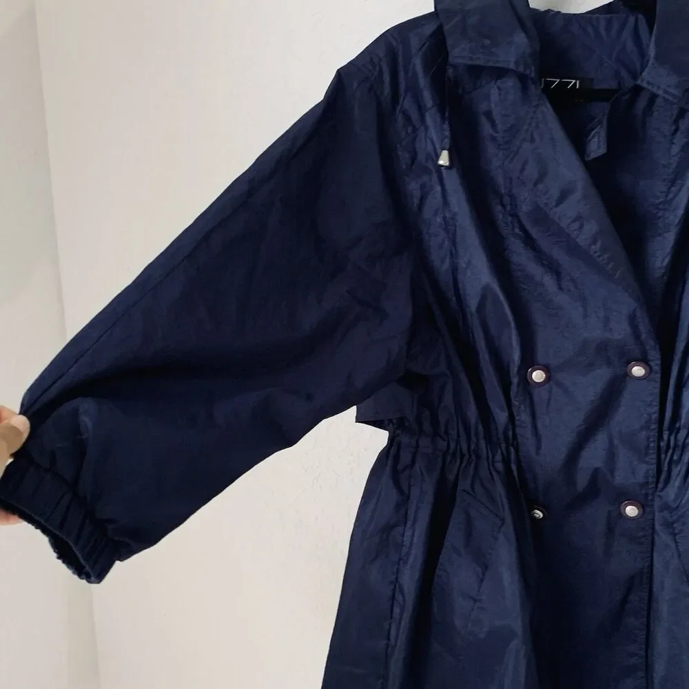 Vintage Izzi Activewear Jacket Women M Navy Blue Windbreaker Hood Cinch Waist 90